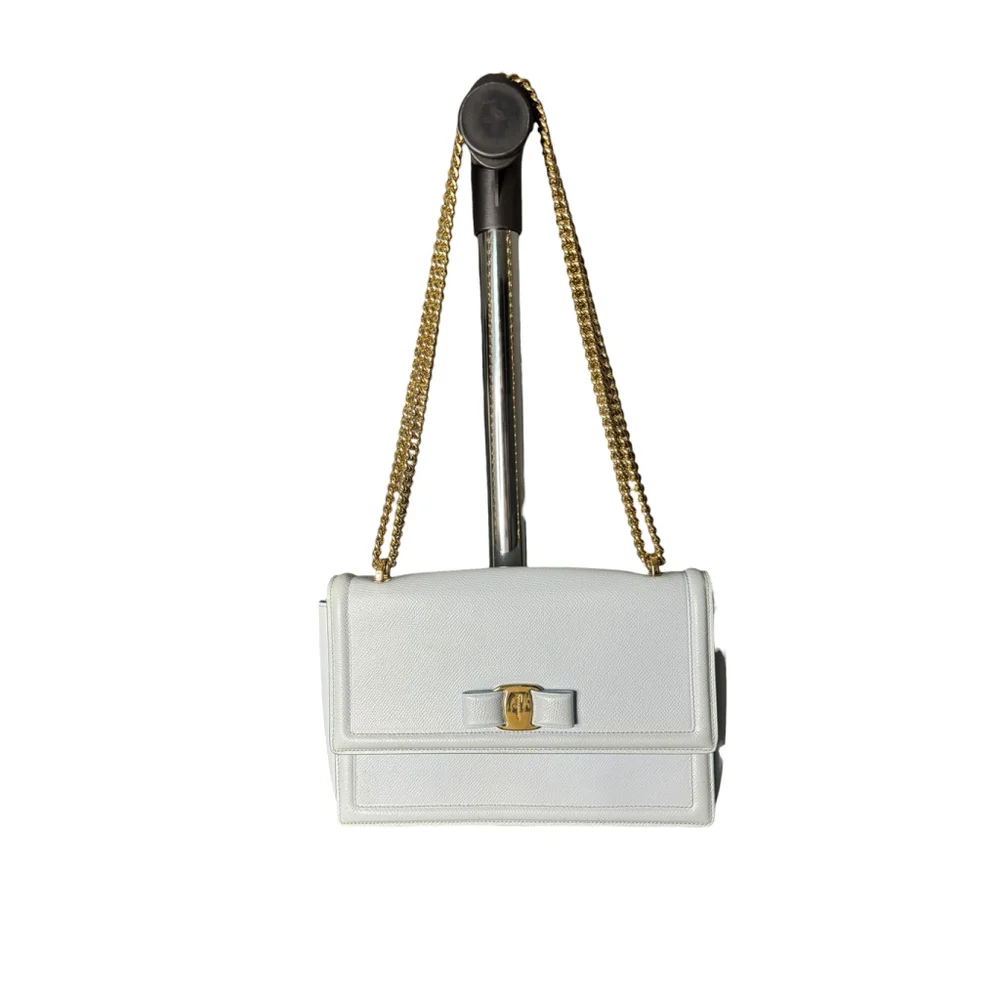 Salvatore Ferragamo Ginny Vara Bow Embossed Pale Blue Pebble Calfskin Flap Bag - Picture 3 of 15